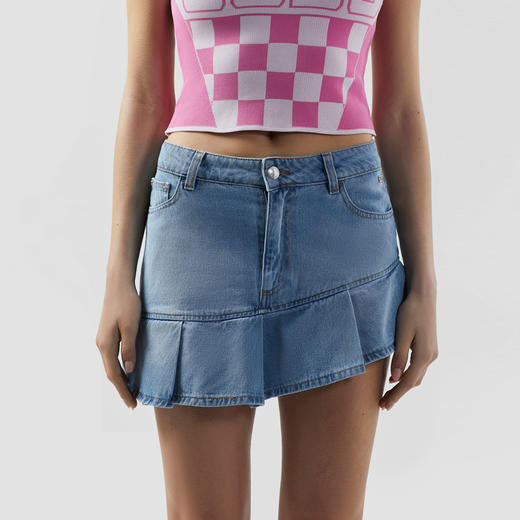 GCDS 女士字母徽标贴片棉质褶饰石洗牛仔迷你裙 浅蓝色 A2OW3202DA0 75 商品图1