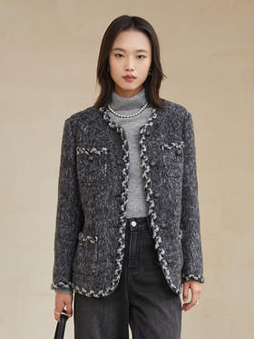 灰黑混纺粗花呢小香风外套 撞色毛边金属扣短款夹克 复古优雅秋冬质感上衣
