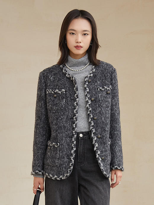 灰黑混纺粗花呢小香风外套 撞色毛边金属扣短款夹克 复古优雅秋冬质感上衣 商品图0