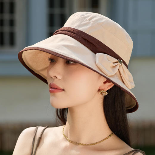 渔夫帽韩国拼色蝴蝶结透气防晒帽，减龄百搭户外大沿遮阳帽A14-1-3-M3427 商品图0