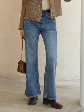 复古蓝高腰微喇牛仔裤 秋冬显瘦显高做旧水洗喇叭牛仔长裤