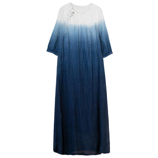 牧衣游原创 吊蓝染棉麻连衣裙手绣复古民族风宽松文艺长裙 椿华间 商品图4