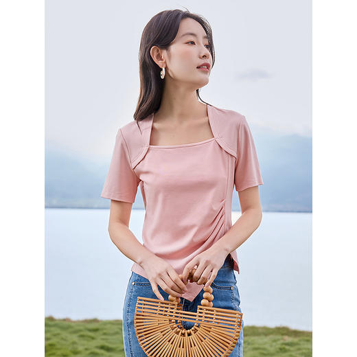 【专属特价】熙世界不规则正肩方领t恤设计感夏季短袖法式独特别致显瘦上衣 商品图2