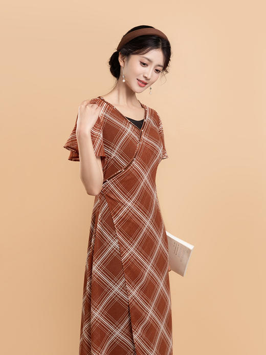 荷言GL 何知 棕红色格纹复古连衣裙波浪袖凉感夏季 商品图1