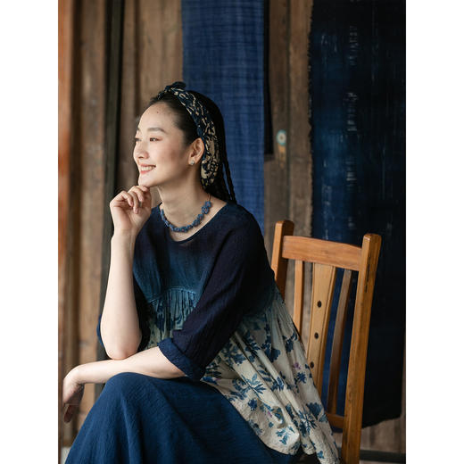 牧衣游原创 吊染蓝染印花亚麻套头衫渐变质朴复古文艺上衣 山水青 商品图2