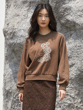 秋冬新款复古棕色圆领卫衣 亮片卡通图案设计感短款上衣 宽松慵懒风减龄套头衫