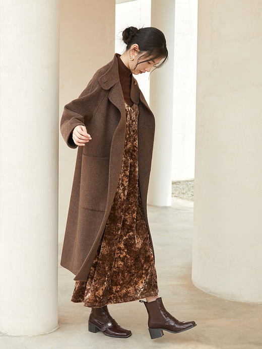 复古棕色大翻领羊毛呢大衣 长款宽松显瘦外套 秋冬高级感通勤百搭双面呢子风衣 商品图1