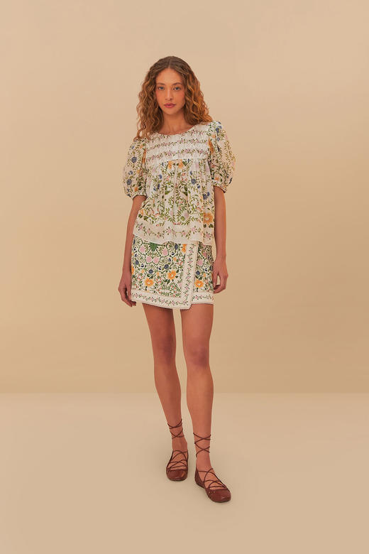 Farm Rio - Folk Floral Scoop Neck Short Sleeve - Off-White - 女装 - 衬衫 - 白色 商品图1