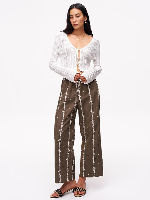 TR她热 松弛计划 棕色棉感碎花刺绣抽绳宽松直筒九分休闲裤 商品图1