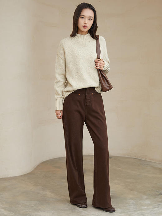 秋冬新款深棕色高腰阔腿裤 复古明线设计宽松显瘦休闲裤 百搭垂感直筒长裤 商品图1