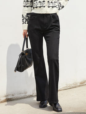 松弛感日常穿搭 黑色做旧高腰微喇牛仔裤 修身显瘦通勤休闲喇叭长裤