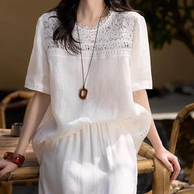 Michael Klein 夏季重工蕾丝亚麻衬衫宽松圆领女上衣2290 A字半身裙2419（下单3-7天发货）