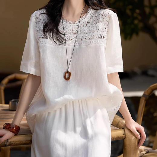 Michael Klein 夏季重工蕾丝亚麻衬衫宽松圆领女上衣2290 A字半身裙2419（下单3-7天发货） 商品图0