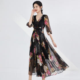 「高货oyg」【铂金会员588/天猫799/差价211】(05324)洛诗琳气质V领真丝印花连衣裙2025夏季气质收腰A字茶歇裙oyg