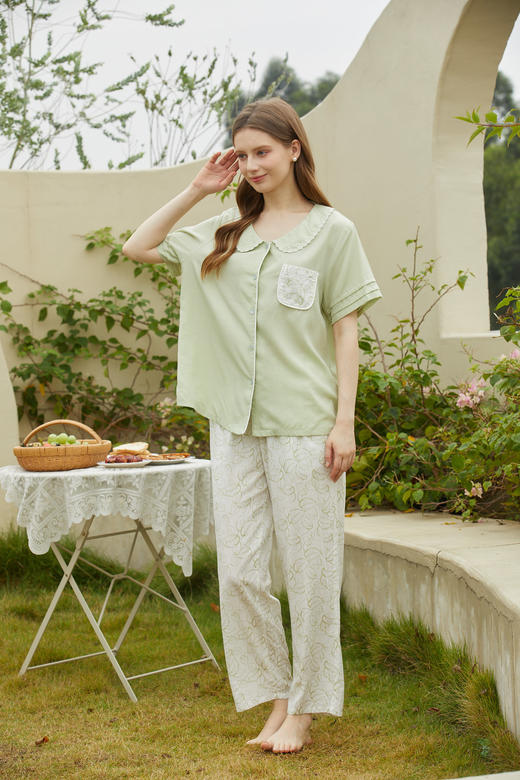 【79元限时秒杀】【秀黛】女莱赛尔绣花翻领短袖套装女士夏季睡衣家居服ML554014T【门店同款】 商品图4