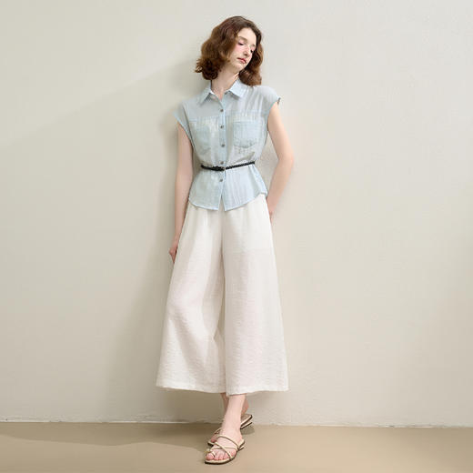 夏日清爽海盐风套装女夏季衬衫搭阔腿裤两件套配饰带H0051075 商品图1