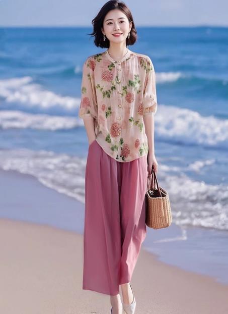 棉麻时尚气质百搭上衣，休闲阔腿裤两件套LJX-428 商品图0