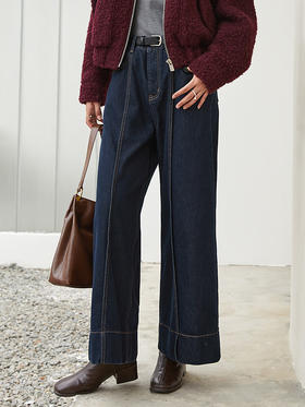 高腰阔腿九分牛仔裤 深色明辑线设计复古风宽松直筒牛仔阔腿裤