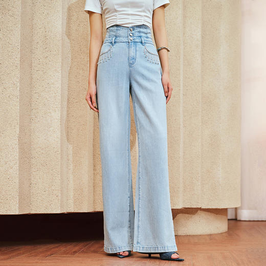 经典复古感浅蓝色高腰阔腿开叉牛仔裤春季裤子(货号:MS85PA019B1002) 商品图2