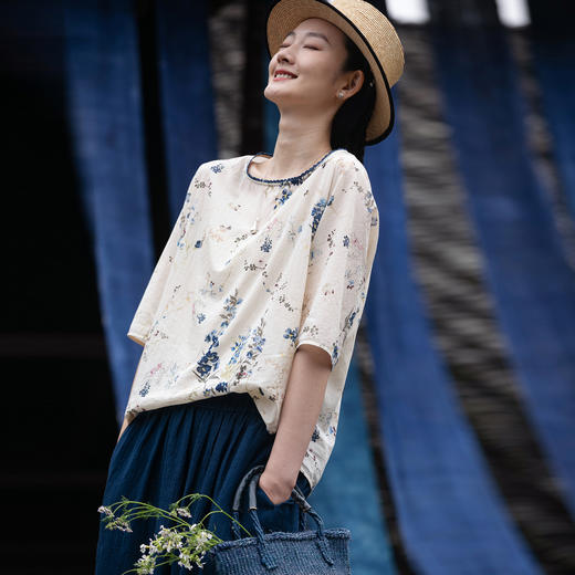 牧衣游原创印花100支纯棉套头衫新款轻薄古朴自然文艺上衣 山水趣 商品图0