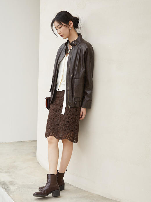 秋冬新款复古深棕色立领皮夹克 宽松工装风大口袋短款外套 帅气机车风仿皮衣上衣 商品图1