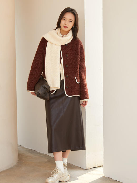 复古深咖色肌理感短款外套 圆领米白包边单排扣双口袋宽松休闲秋冬温柔气质通勤上衣 商品图1