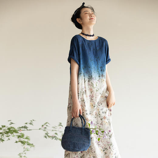 牧衣游原创 印花吊染亚麻连衣裙新款轻薄渐变质朴宽松长裙 夏未 商品图0