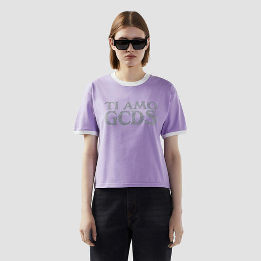 GCDS 女士字母徽标闪光印花棉质圆领短袖T恤 深紫色 B1CU2308JE9 69 商品图1