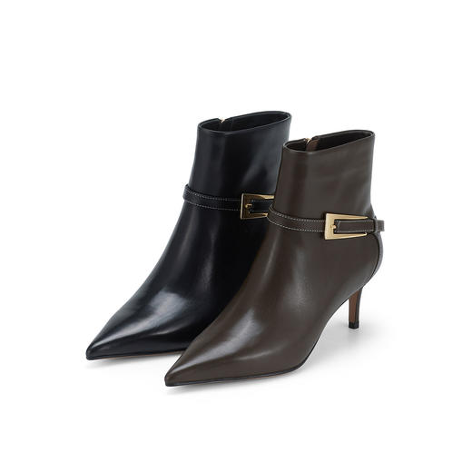 westory秋冬真皮尖头细跟显瘦优雅高级皮带扣短靴女W24DS84031 商品图0