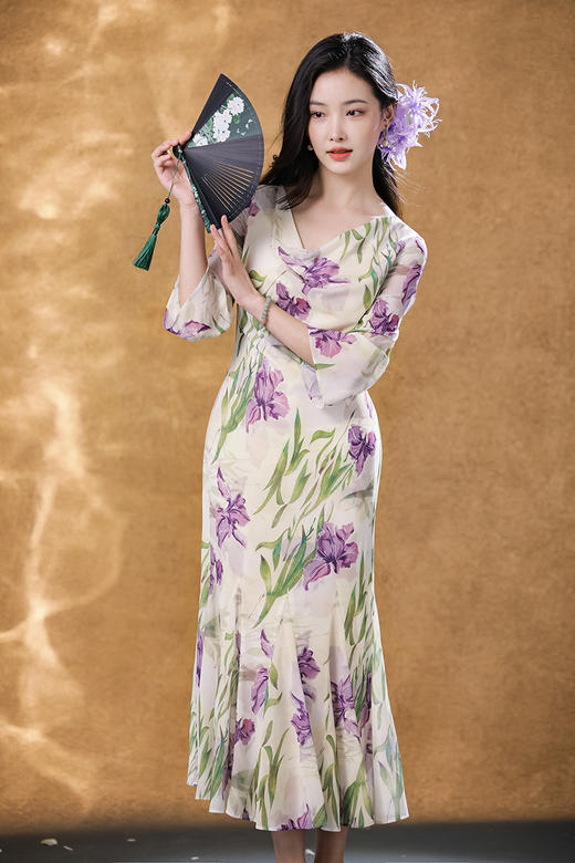逸红颜明月优选「咏紫鸢」清丽婉转·鸢尾花荡领鱼尾，古典雪纺连衣裙 商品图5