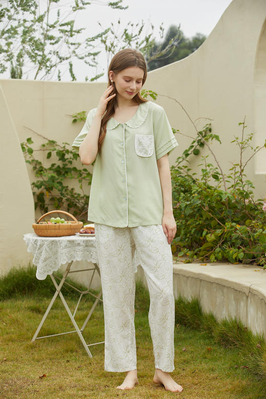 【79元限时秒杀】【秀黛】女莱赛尔绣花翻领短袖套装女士夏季睡衣家居服ML554014T【门店同款】 商品图10