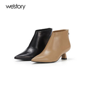 westory秋冬季复古小跟尖头女单靴马丁靴显脚小及脚踝W23DS83211