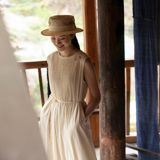 牧衣游原创手工刺绣打条100支精棉无袖连衣裙轻薄质朴长裙 小风铃 商品图0