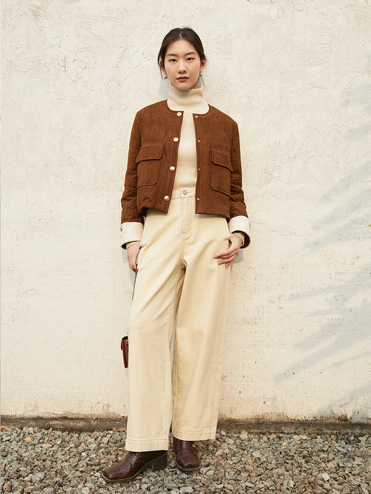 2025 秋冬浅卡其色阔腿休闲裤女 高腰显瘦直筒九分裤 简约明线设计通勤百搭宽松工装风裤子 商品图1