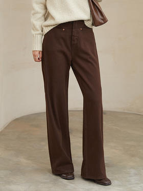 秋冬新款深棕色高腰阔腿裤 复古明线设计宽松显瘦休闲裤 百搭垂感直筒长裤