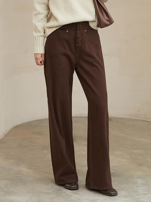 秋冬新款深棕色高腰阔腿裤 复古明线设计宽松显瘦休闲裤 百搭垂感直筒长裤 商品图0