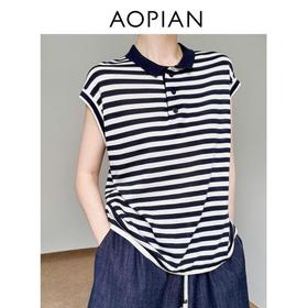 奥篇大王条纹短袖T 天丝真丝混纺纱 小翻领包肩短袖T