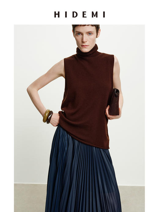 HIDEMI 澳洲进口美利奴羊毛立领堆堆领极简多穿针织毛衣背心 深藏蓝/巧克力色/黑色/奶油黄 商品图4