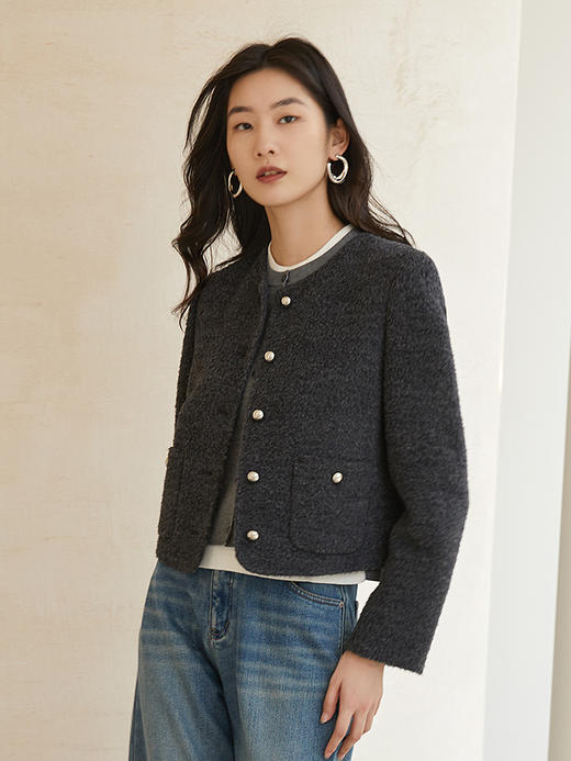 法式小香风深灰色粗花呢短款外套 圆领单排银扣口袋设计 秋冬高级感修身名媛风上衣 商品图0