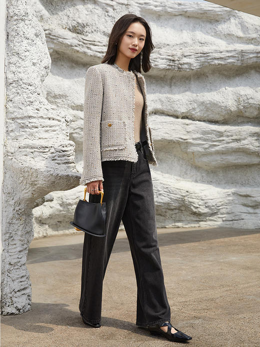 浅灰混纺粗花呢小香风外套 流苏边金属扣短款夹克 复古优雅秋冬气质上衣 商品图1