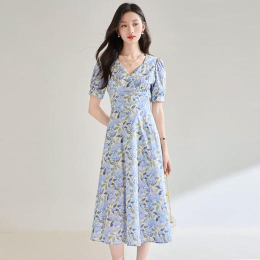 25夏季法式清新风純棉印花V领收腰短袖茶歇裙高腰A摆连衣裙25099 商品图2