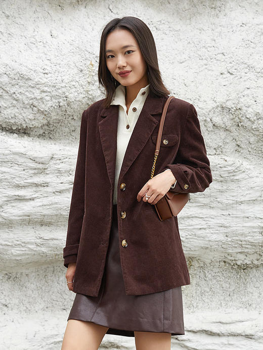 深棕灯芯绒西装外套 双排扣翻领宽松中长款夹克 秋冬复古休闲质感西装 商品图0