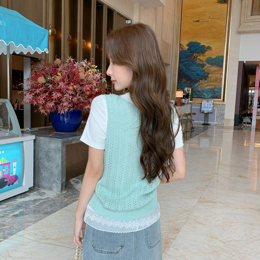 奢姿大码女装2025夏季减龄花边拼接针织背心两件套胖妹妹时尚套装9952953266AB 商品图3