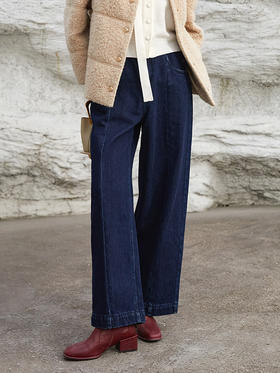 深藏青色高腰阔腿牛仔裤 立体褶裥宽松九分裤脚复古明线装饰通勤休闲日常百搭裤装