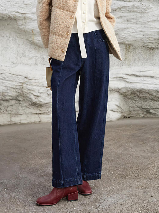 深藏青色高腰阔腿牛仔裤 立体褶裥宽松九分裤脚复古明线装饰通勤休闲日常百搭裤装 商品图0