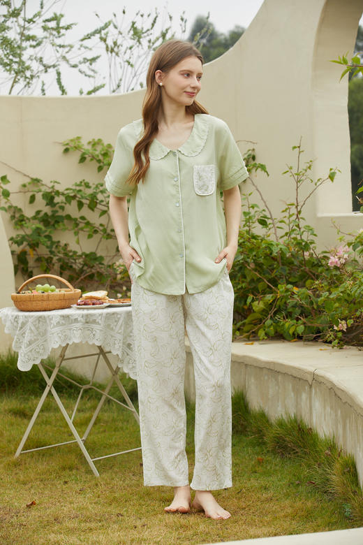 【79元限时秒杀】【秀黛】女莱赛尔绣花翻领短袖套装女士夏季睡衣家居服ML554014T【门店同款】 商品图3