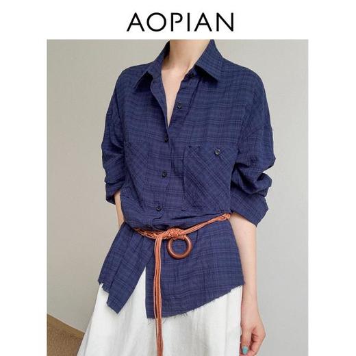 奥篇蓝夜 色织格纹蓝色软棉亚麻宽松男友同款衬衣 商品图2