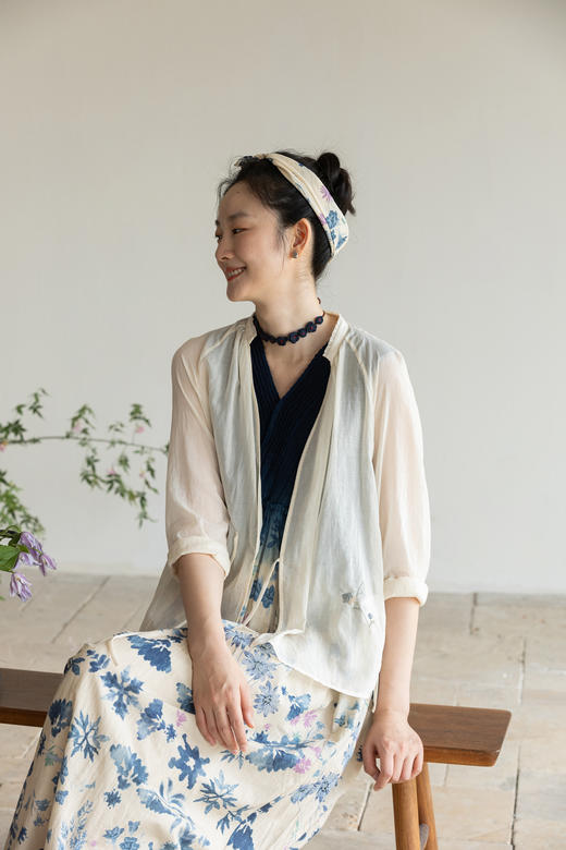 牧衣游原创 印花100支纯棉短外套轻薄透气文艺复古系带开衫 一朵 商品图5