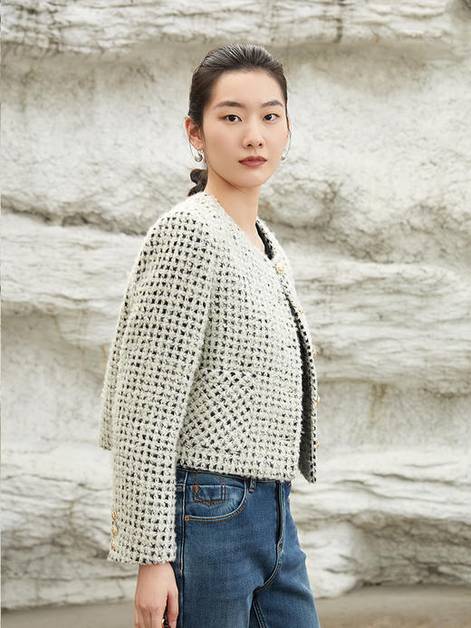 黑白格纹粗花呢短款外套 圆领金属纽扣双口袋修身显瘦秋冬法式小香风名媛气质通勤上衣 商品图1