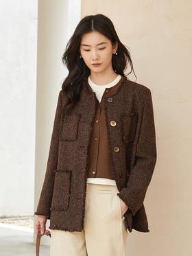 2025 秋冬深棕金闪粗花呢小香风外套女 圆领毛边设计宽松四袋单排扣通勤休闲短款上衣